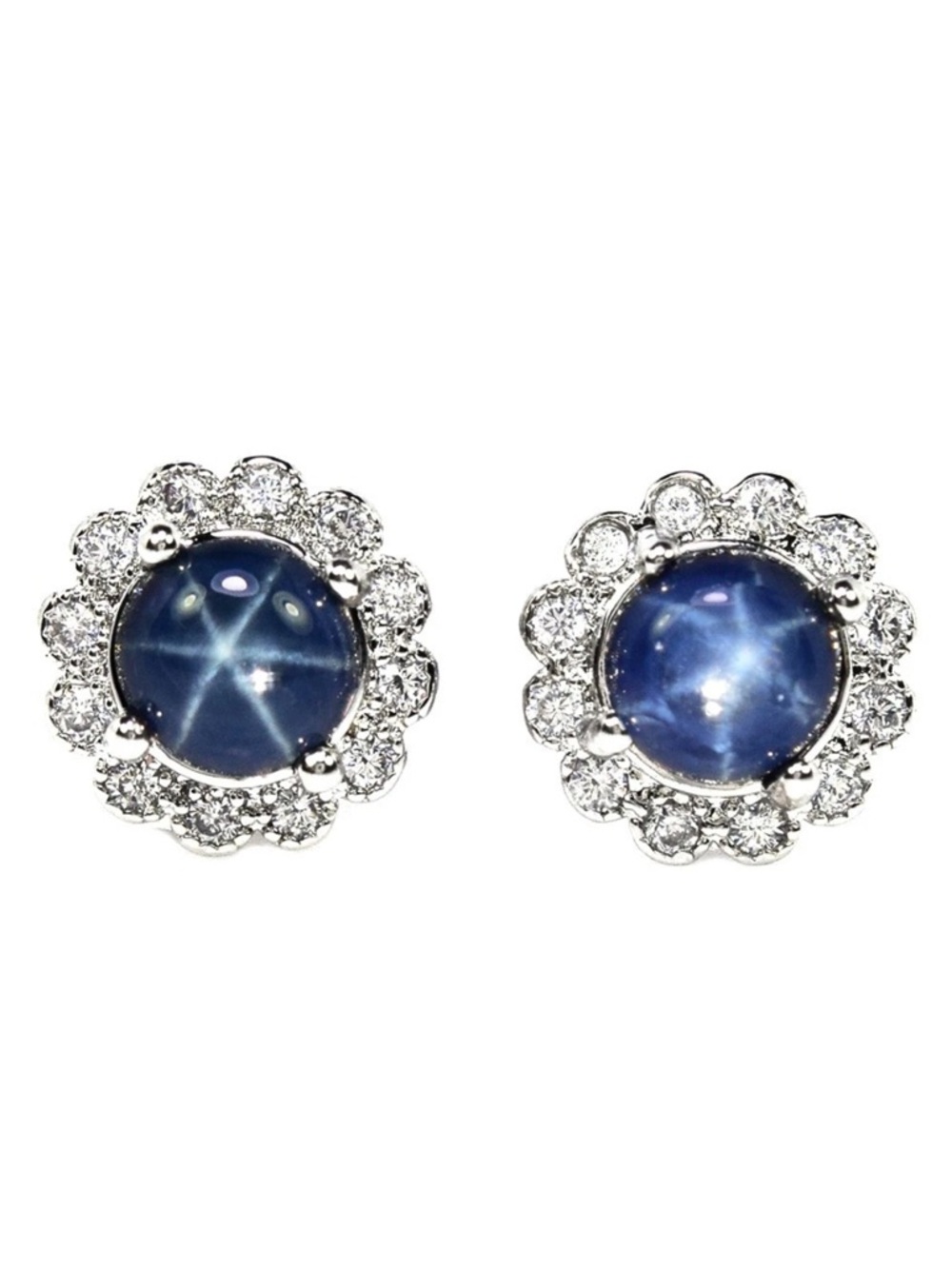 Natural 6 Ray Blue Star Sapphire w/Zircon Halo Stud Earrings 925 Sterling Silver